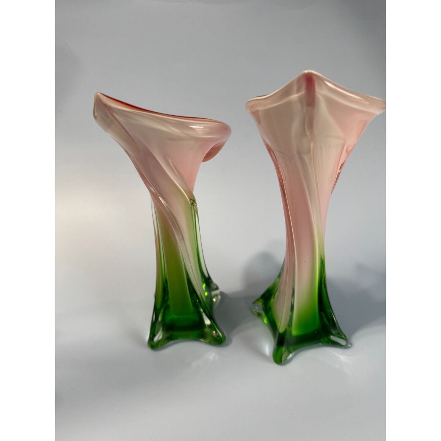 Pair Of Vintage Murano Jack In The Pulpit Calla Lily Vases Italy 8" & 9"