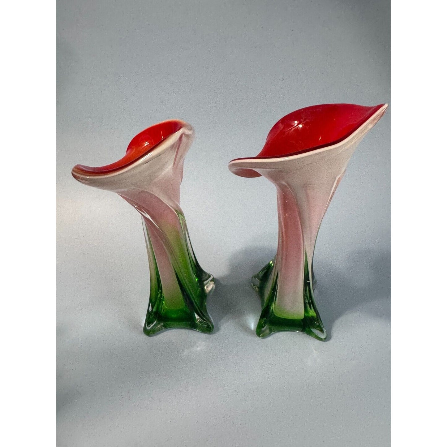 Pair Of Vintage Murano Jack In The Pulpit Calla Lily Vases Italy 8" & 9"