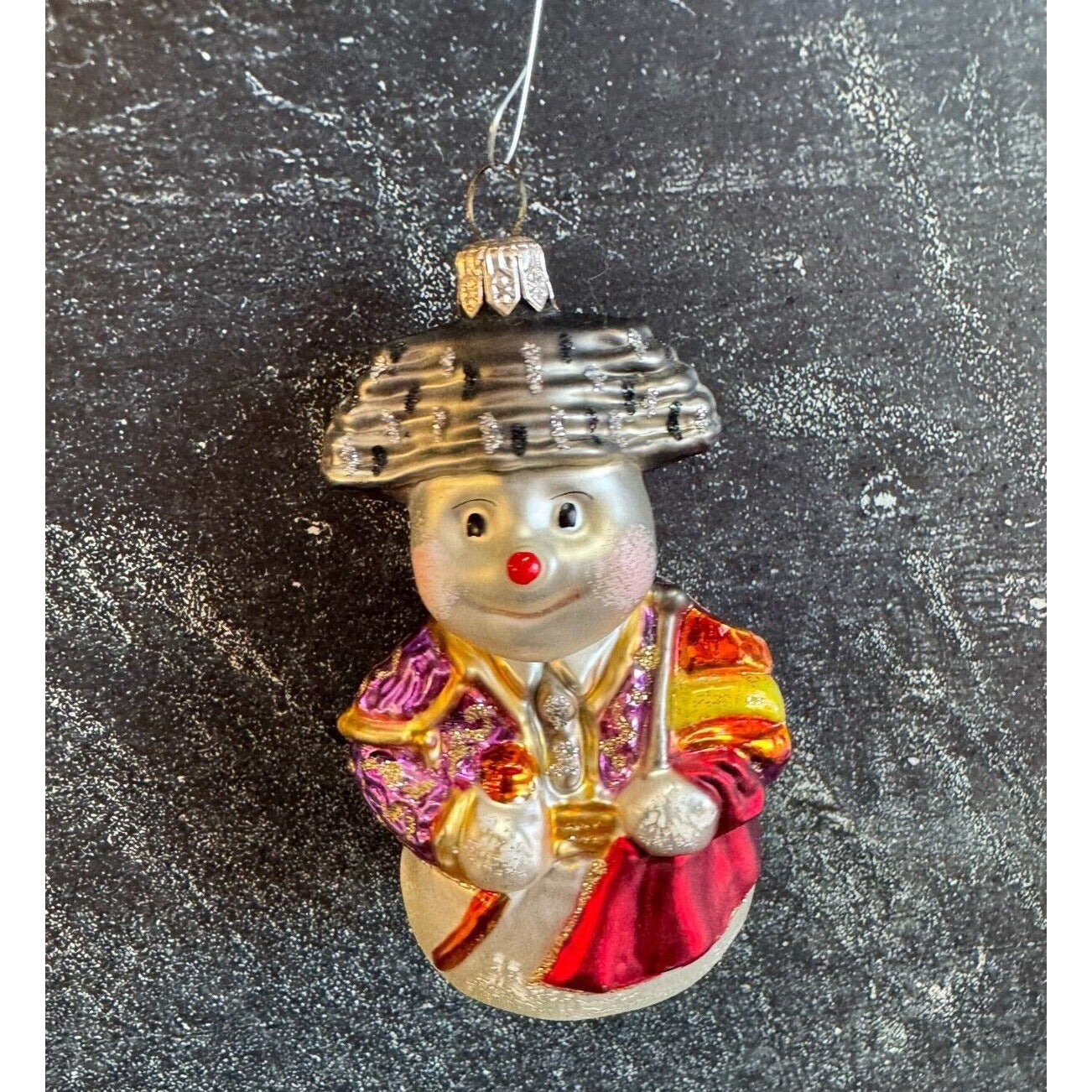 Blown Glass Snowman Dressed in Royal Robes and Hat Measures 4 1/2"