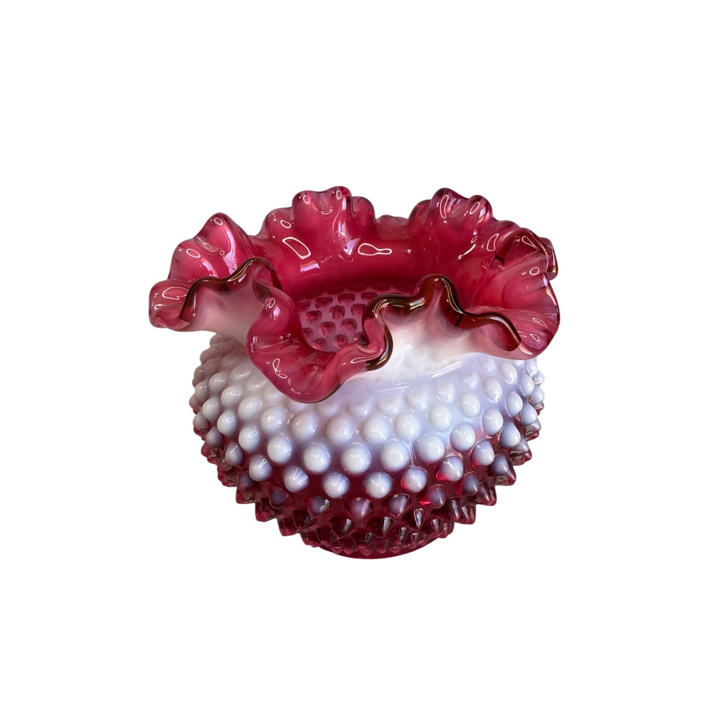 Fenton Cranberry Opalescent Hobnail Rose Bowl Ruffled Vase Art Glass
