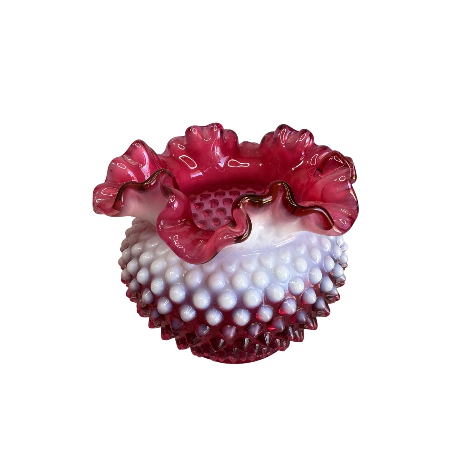 Fenton Cranberry Opalescent Hobnail Rose Bowl Ruffled Vase Art Glass