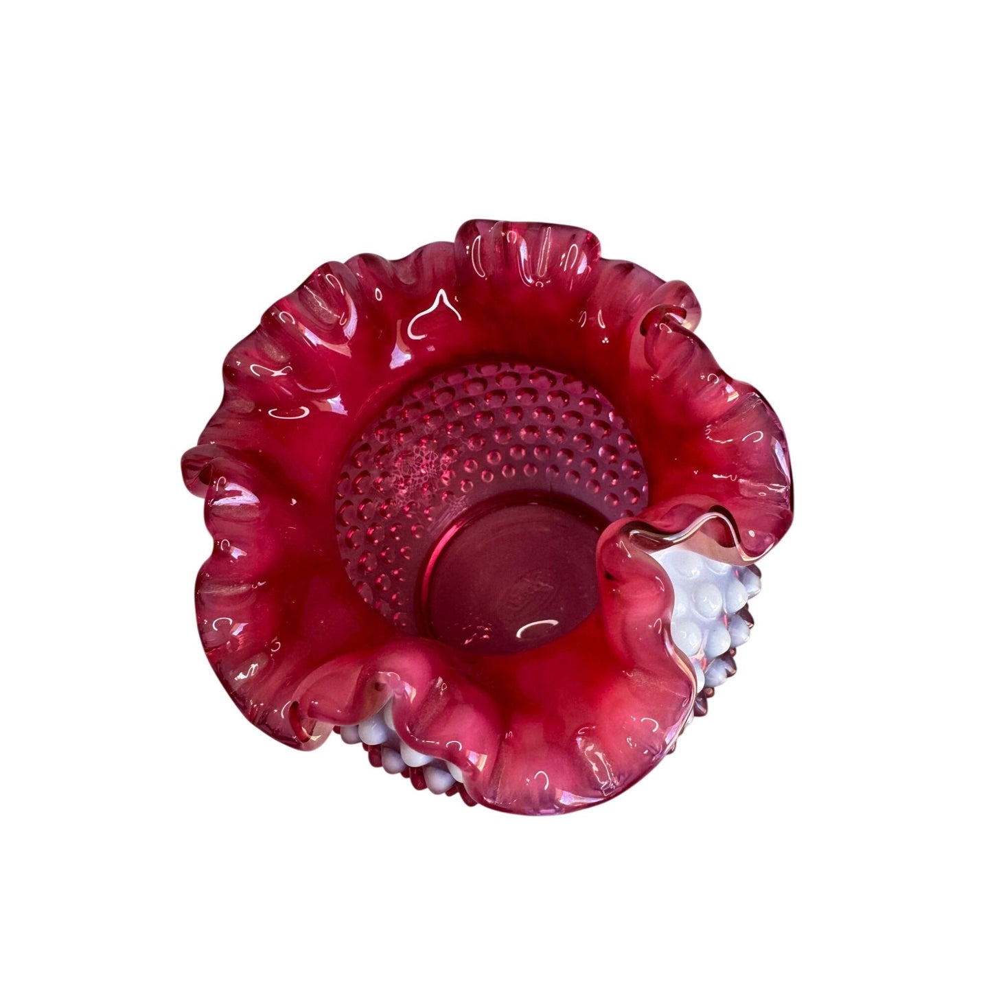Fenton Cranberry Opalescent Hobnail Rose Bowl Ruffled Vase Art Glass
