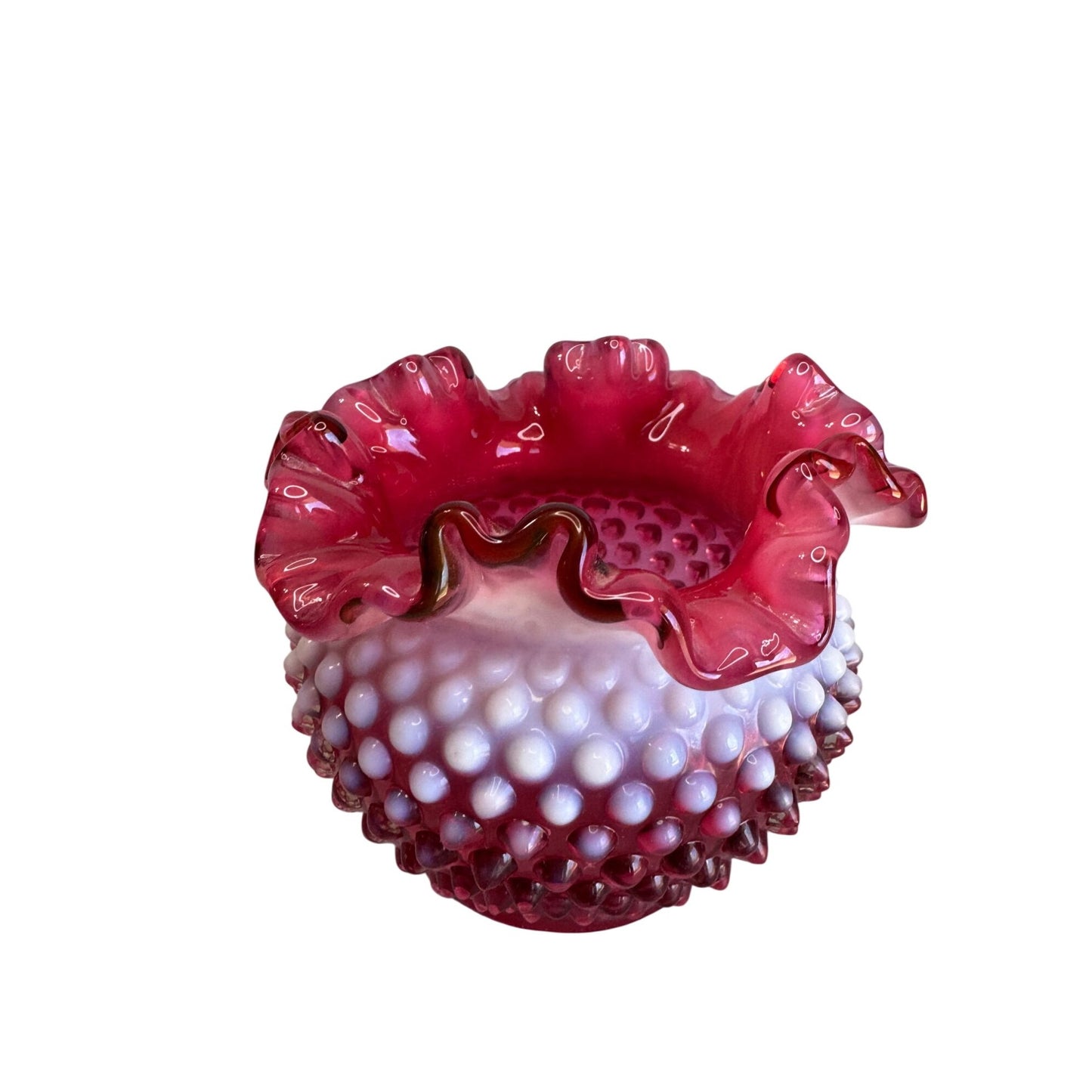 Fenton Cranberry Opalescent Hobnail Rose Bowl Ruffled Vase Art Glass