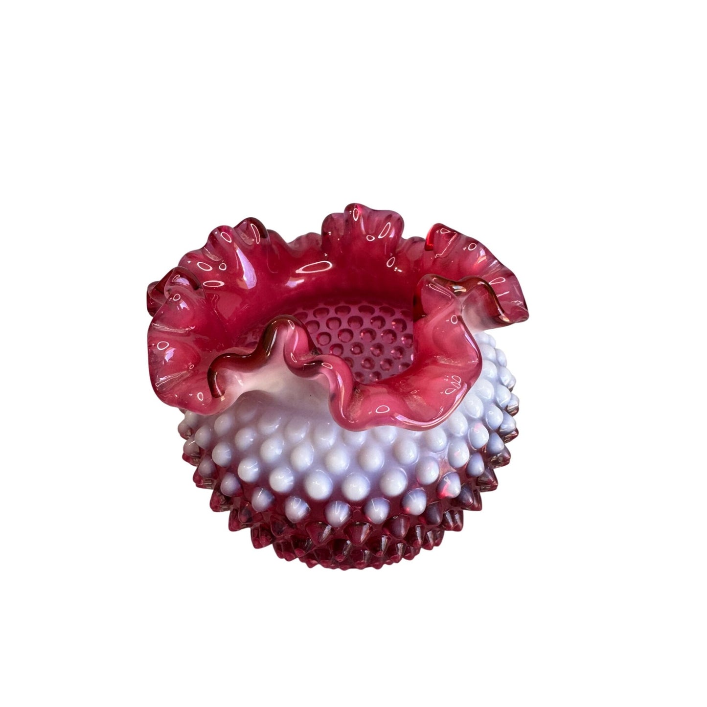 Fenton Cranberry Opalescent Hobnail Rose Bowl Ruffled Vase Art Glass