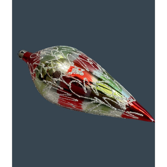 Vintage Teardrop Christmas Ornament 6" Blown Glass Red/Green/Silver Glitter