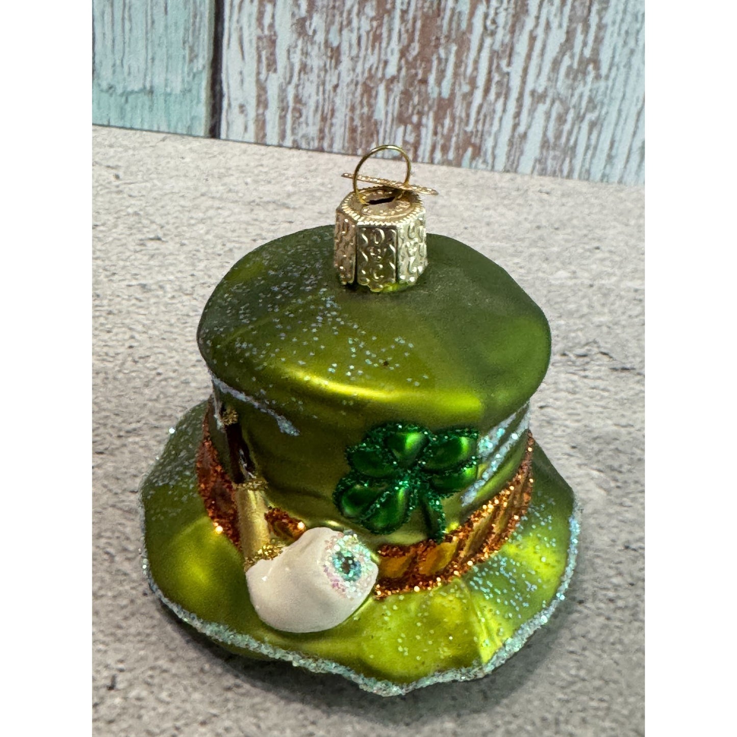 Green Leprechaun Shamrocks Hat Glass Christmas Ornament Old World Christmas