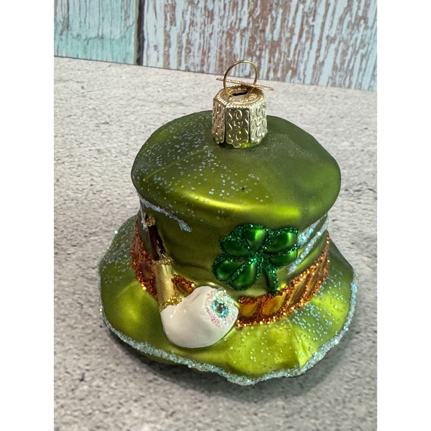 Green Leprechaun Shamrocks Hat Glass Christmas Ornament Old World Christmas