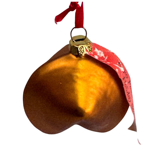 Chinese Fortune Cookie Blown Glass Ornament Gold Red Ribbon 2"