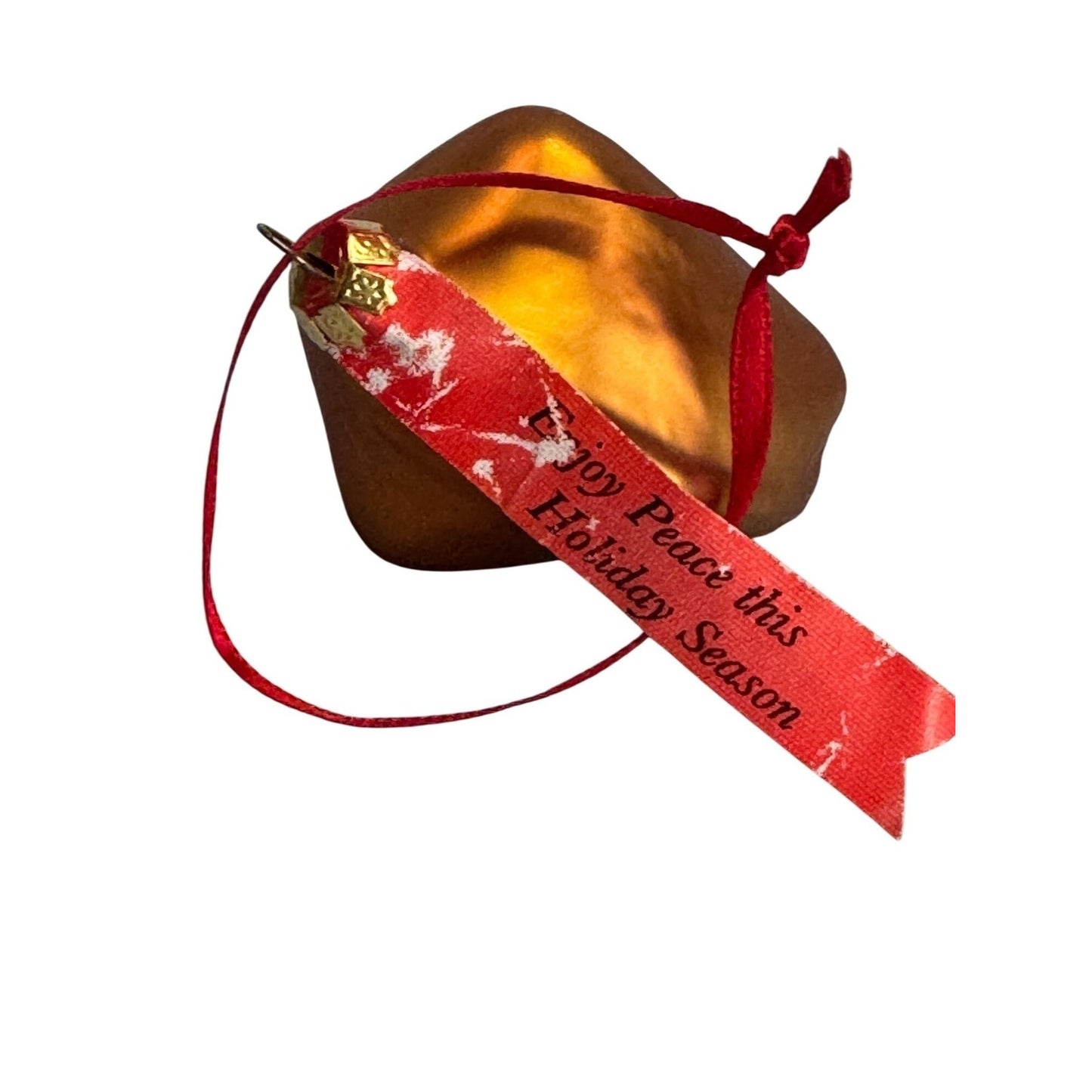 Chinese Fortune Cookie Blown Glass Ornament Gold Red Ribbon 2"