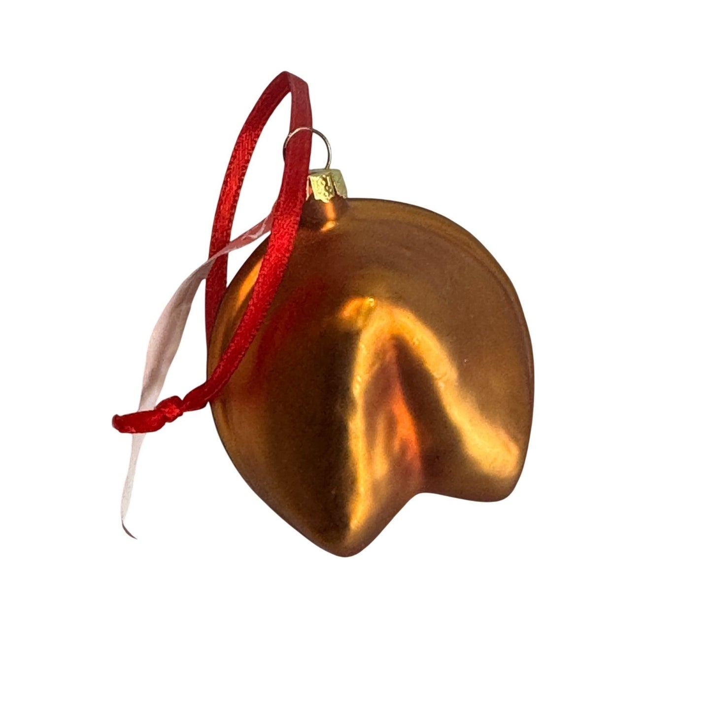Chinese Fortune Cookie Blown Glass Ornament Gold Red Ribbon 2"