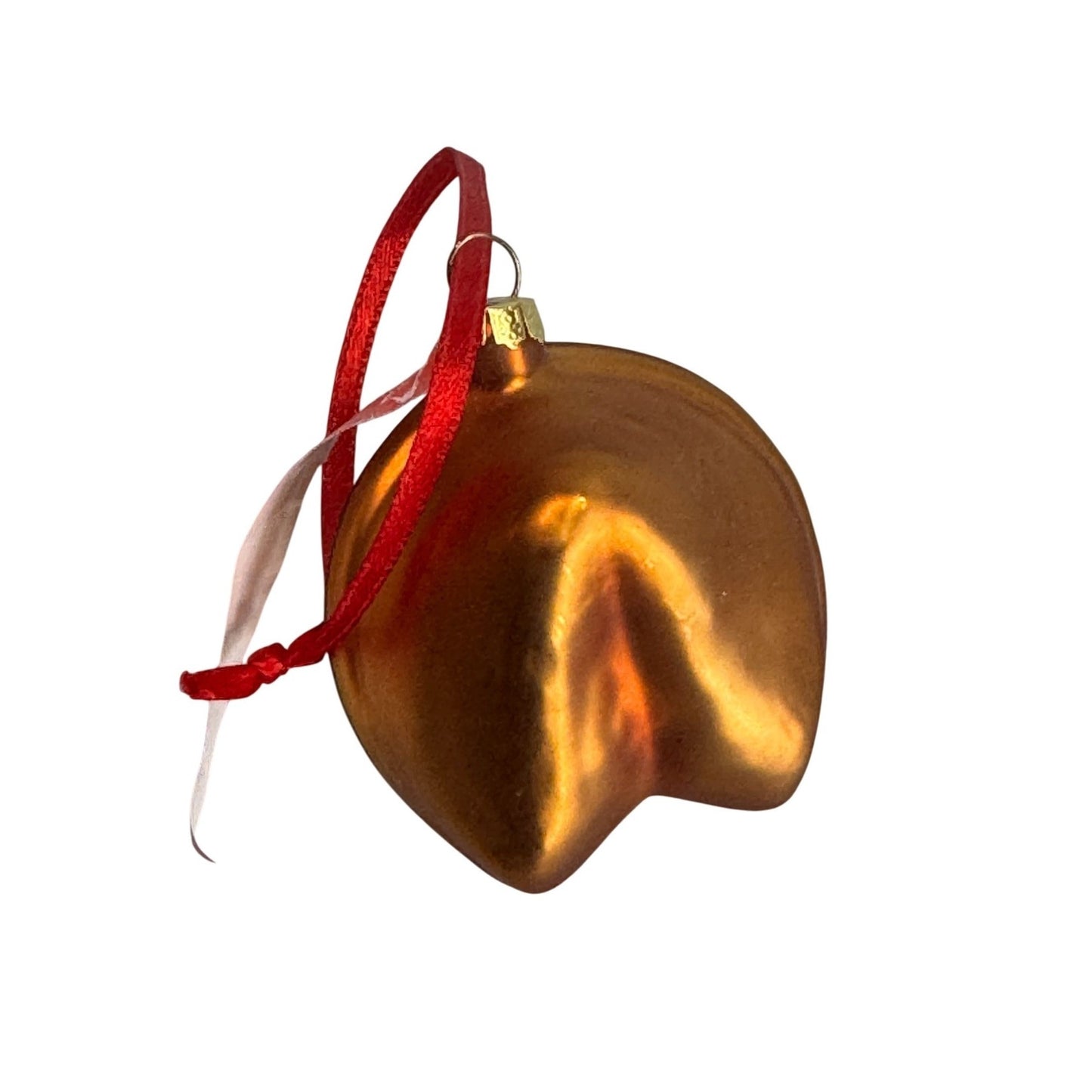 Chinese Fortune Cookie Blown Glass Ornament Gold Red Ribbon 2"