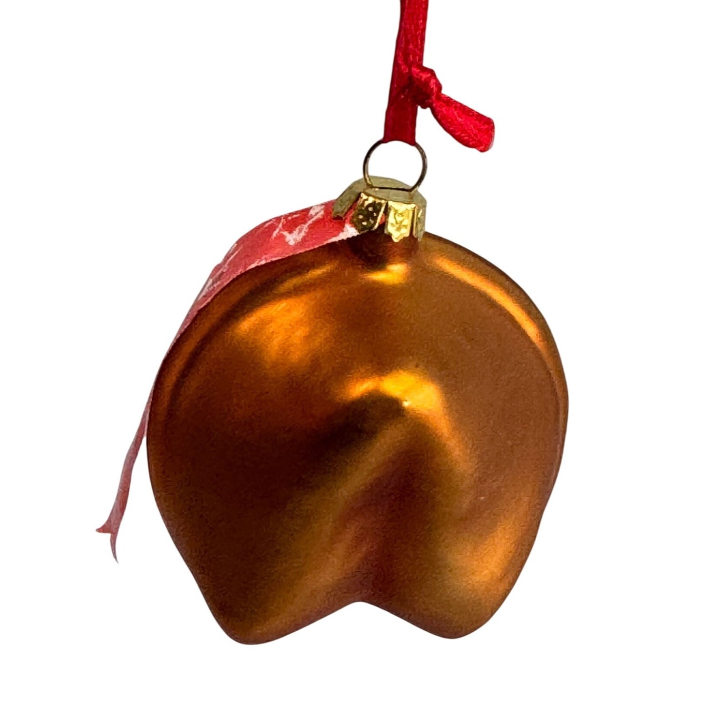 Chinese Fortune Cookie Blown Glass Ornament Gold Red Ribbon 2"