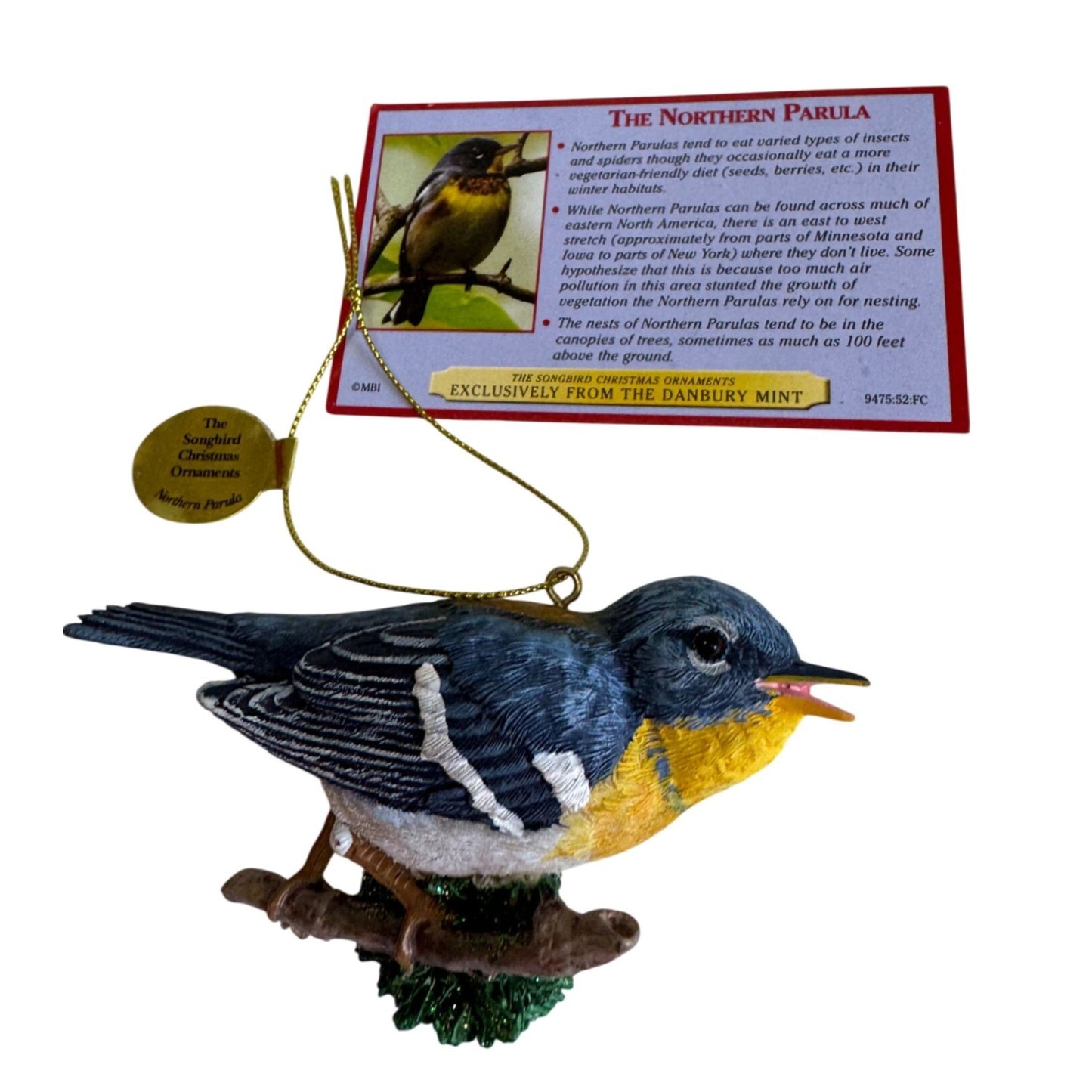 Danbury Mint Northern Parula Bird Christmas Ornament Multicolor Porcelain