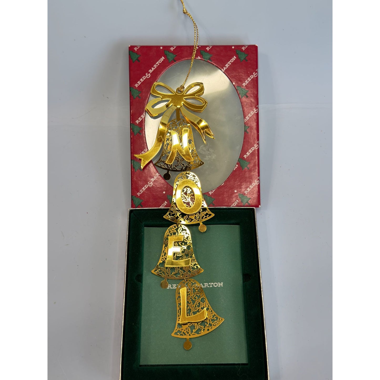 Reed & Barton Noel Bells Ornament Gold Tone Filigree Dangling Letters 8 Inch Boxed