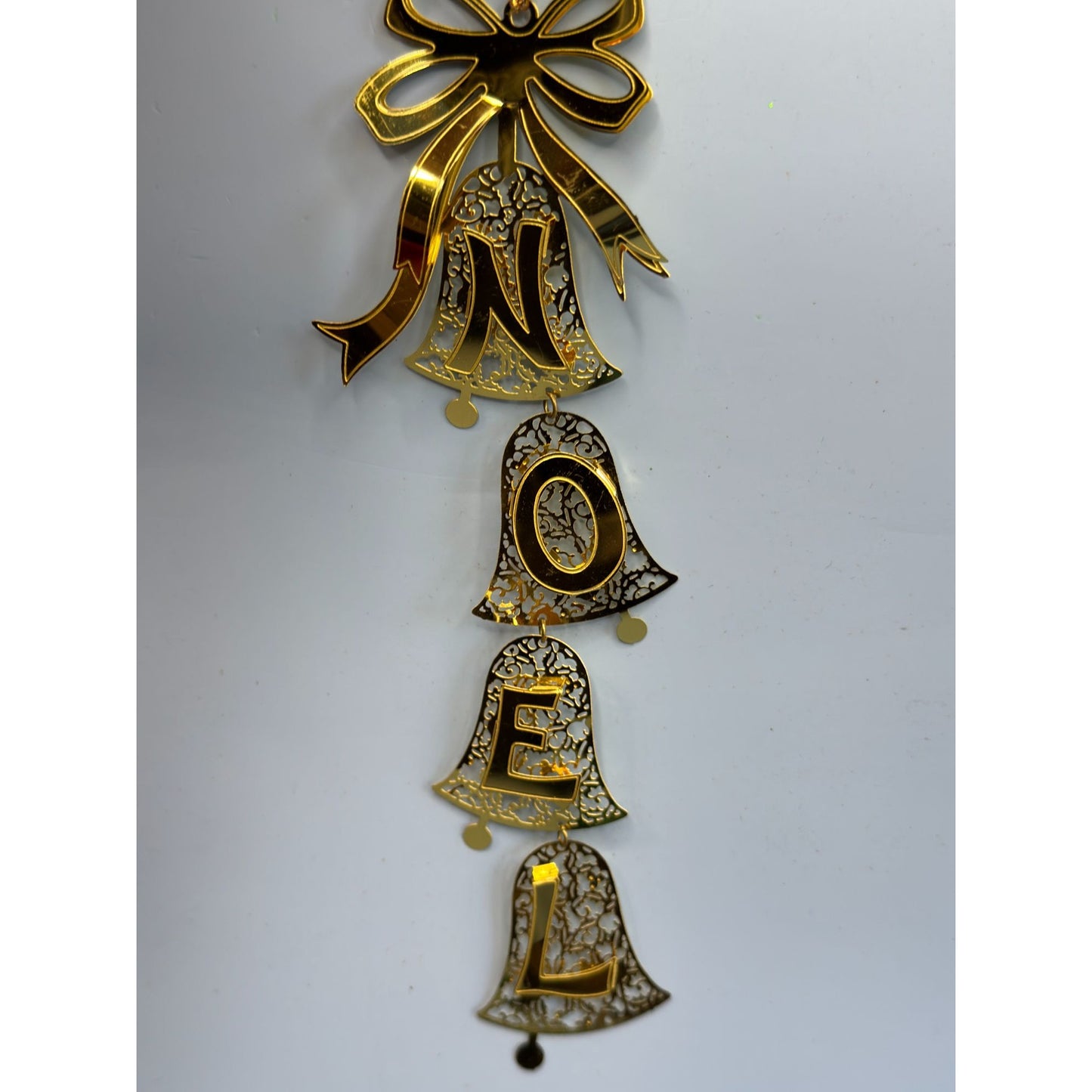 Reed & Barton Noel Bells Ornament Gold Tone Filigree Dangling Letters 8 Inch Boxed