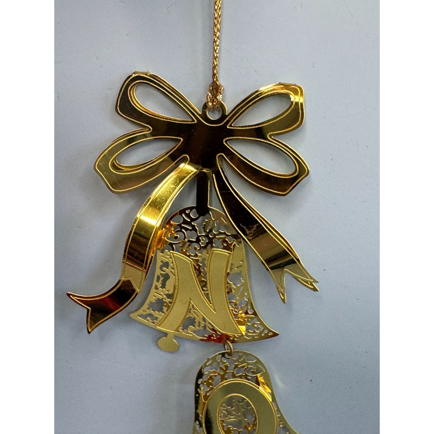 Reed & Barton Noel Bells Ornament Gold Tone Filigree Dangling Letters 8 Inch Boxed