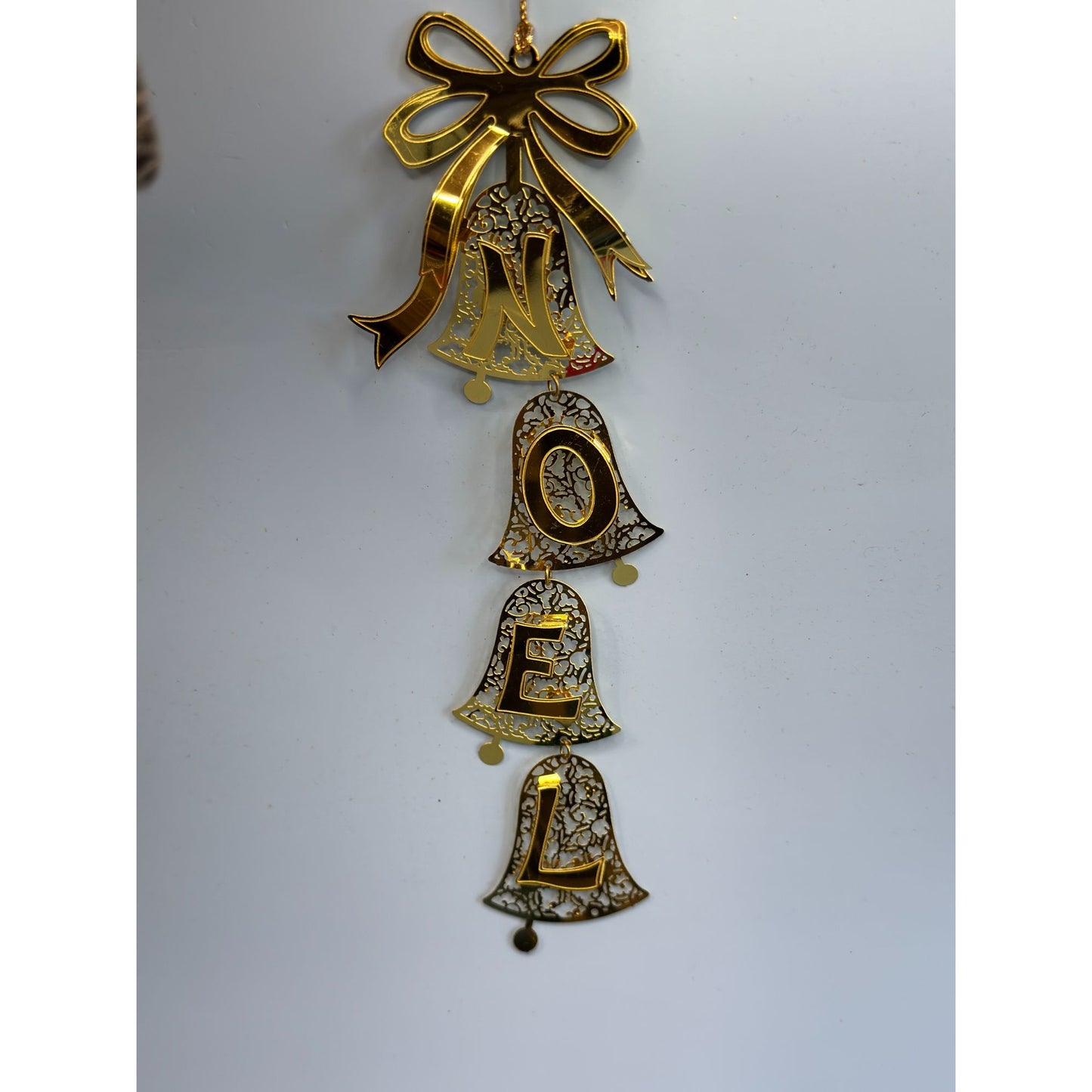 Reed & Barton Noel Bells Ornament Gold Tone Filigree Dangling Letters 8 Inch Boxed