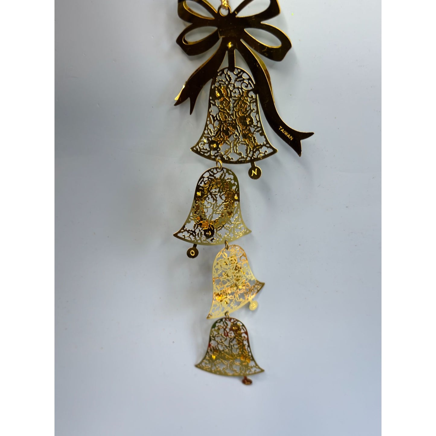 Reed & Barton Noel Bells Ornament Gold Tone Filigree Dangling Letters 8 Inch Boxed