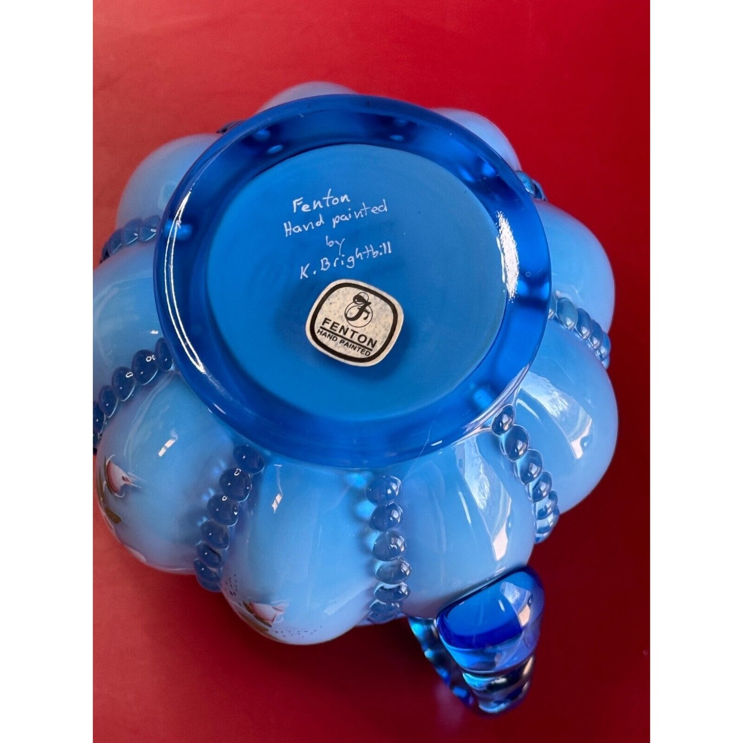 Fenton Melon Rib Blue Overlay Milk Glass Beaded Pitcher Hand Painted Signed