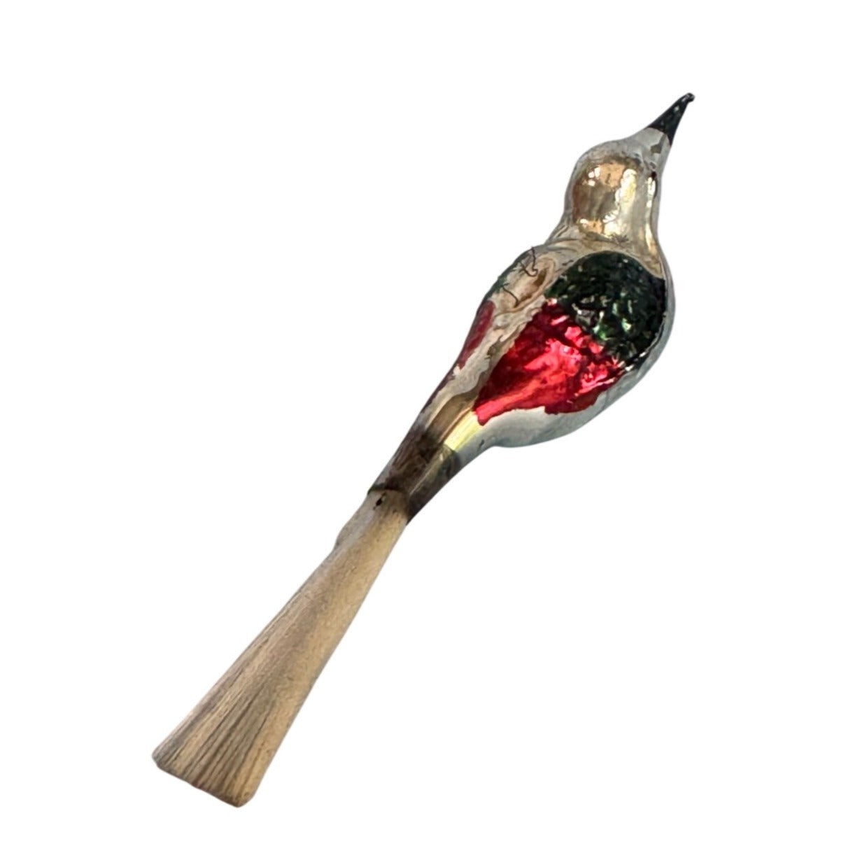 Vintage Blown Mercury Glass Bird Ornament Red Green Silver 4.5" w/tail Germany