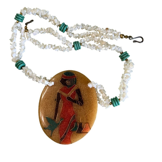 Egyptian Large Inlay Pendant Necklace With Mother Of Pearl Chips Turquoise Beads