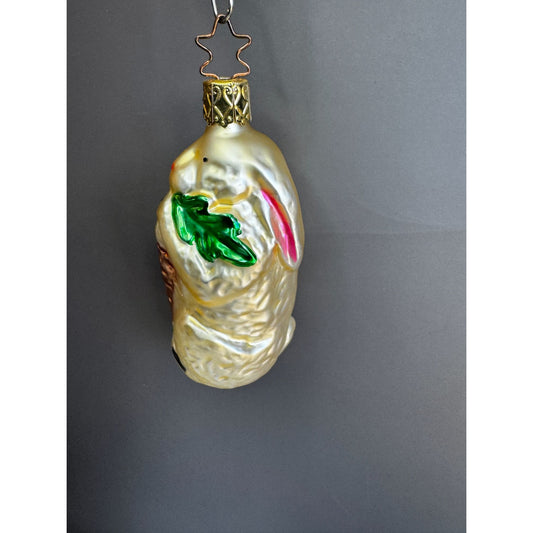 Inge-Glas Blown Glass Bunny Ornament With Carrot Pearlized 4" Germany