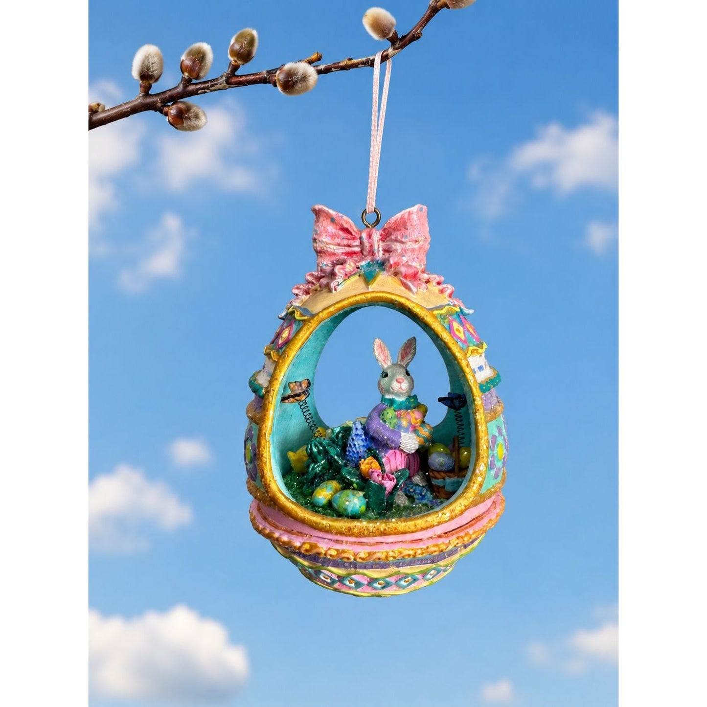 Glittered Easter Bunny Egg Diorama Ornament Pastel Spring Decor 4