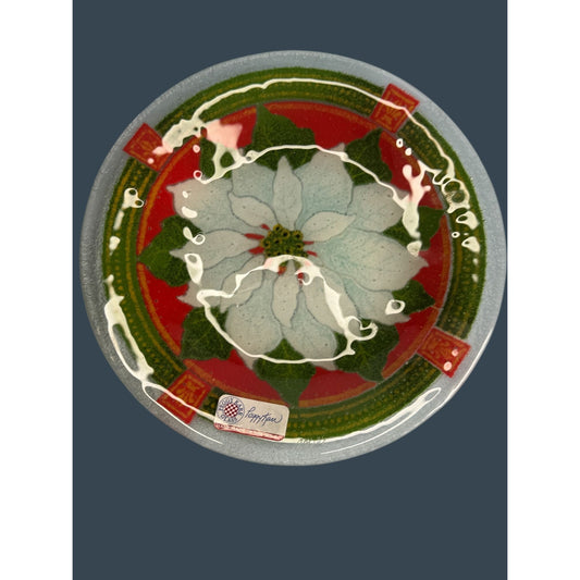 Peggy Karr Glass Holiday Poinsettia Plate 7.75" Handmade In USA Vibrant Red Green White Design