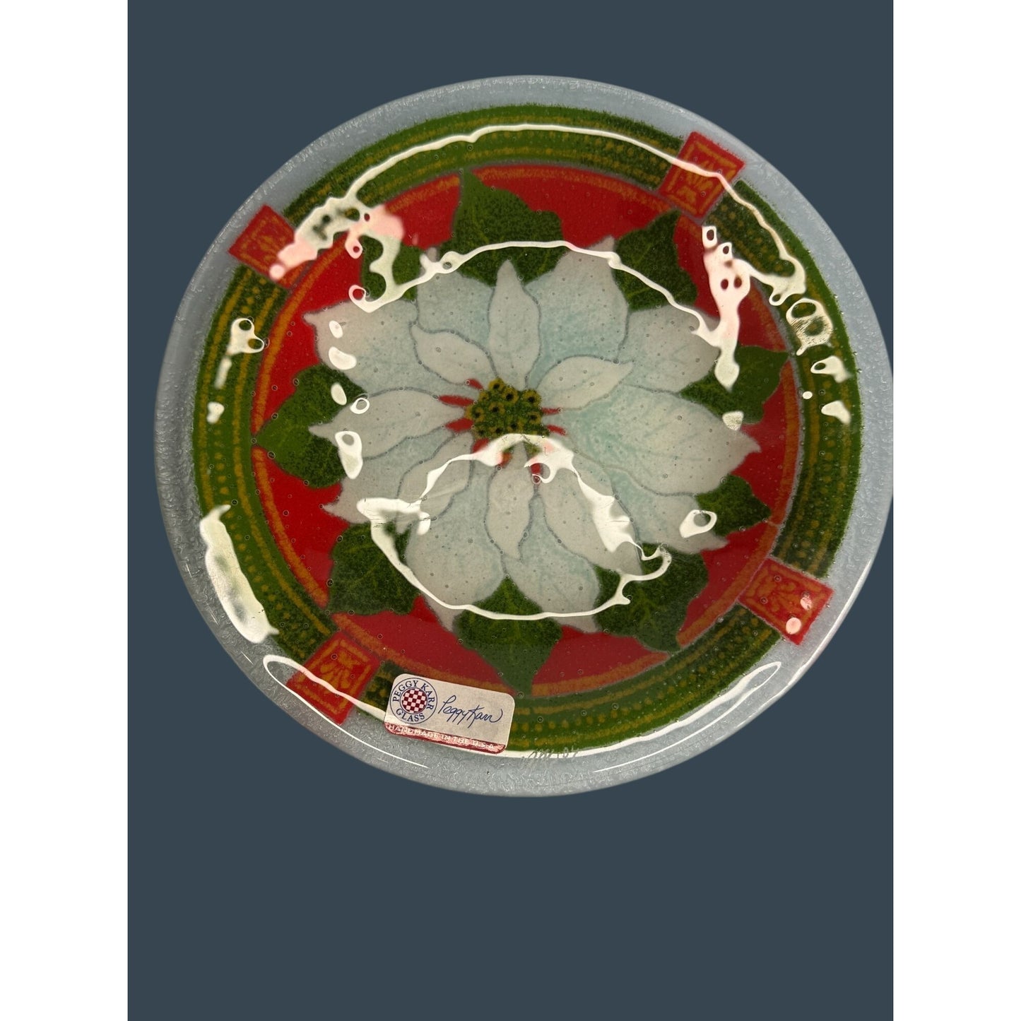 Peggy Karr Glass Holiday Poinsettia Plate 7.75" Handmade In USA Vibrant Red Green White Design