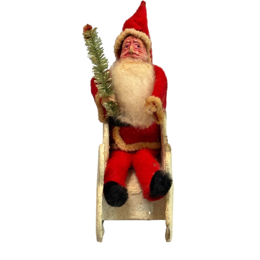Antique 1930s Japan Santa Cardboard Sleigh Molded Composition Face Brush Tree