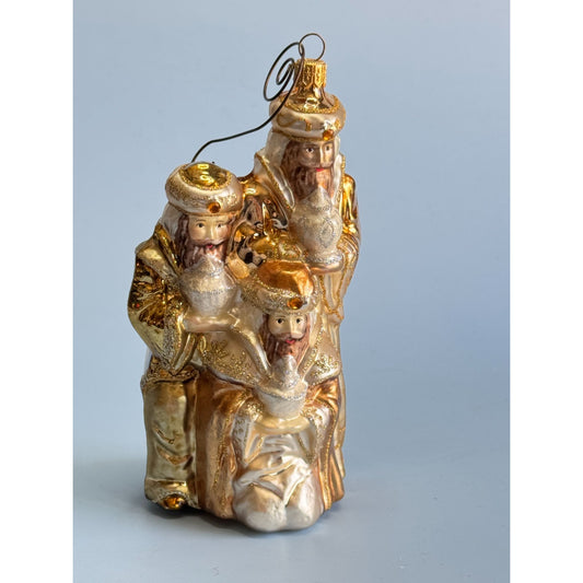 Three Wise Men Christmas Ornament  Jeweled  Gold & Ivory Hand-Painted Glass - 6"