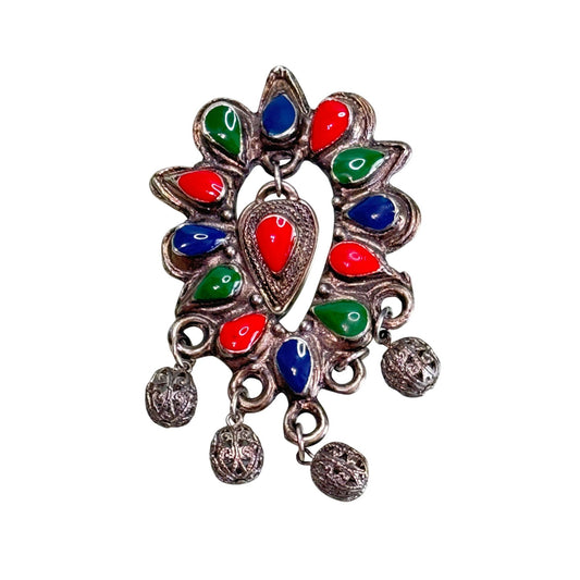 Unsigned Vintage Multicolor Teardrop Brooch With Dangling Charms 3"