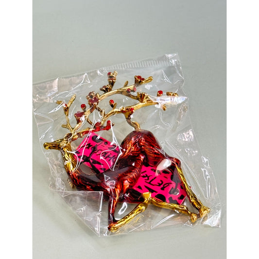 Betsy Johnson Gold & Red Reindeer Brooch Rhinestone Accents In Sealed Packaging