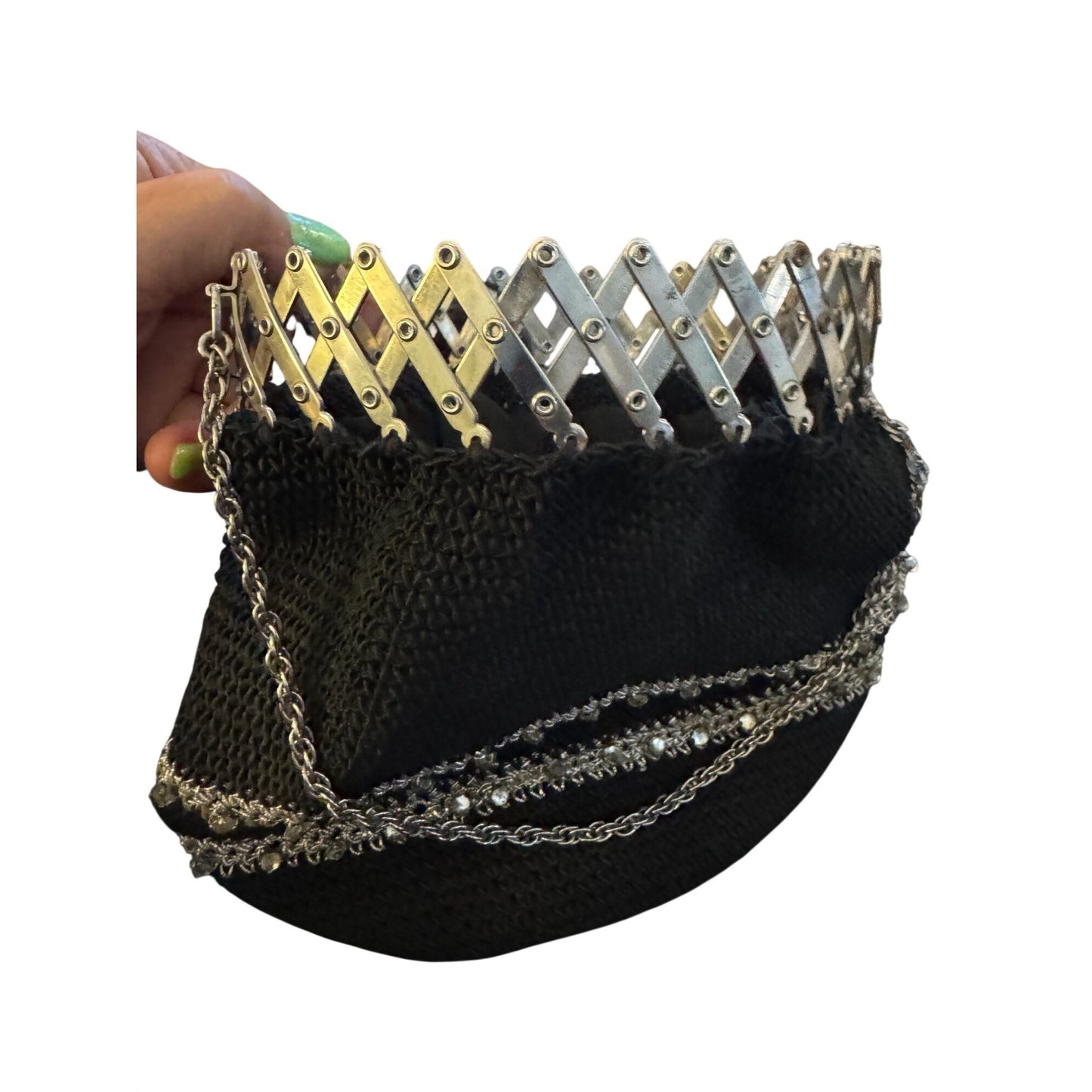 erman Art Deco Mesh Evening Purse Gate Frame Accordion Rhinestone 7 1/2"