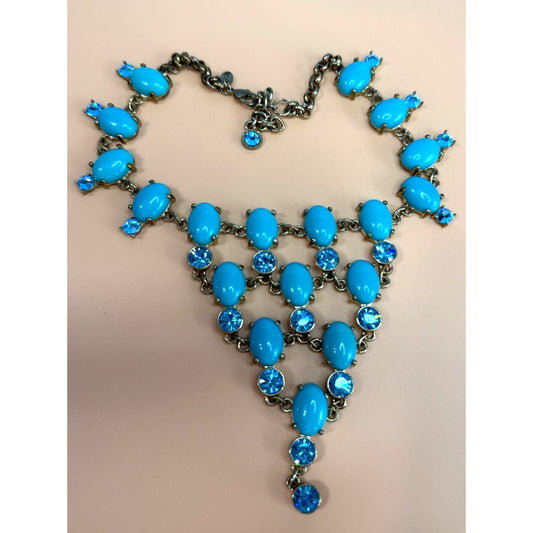 Suzanne Somers Glass Cabochon Bib Necklace Turquoise Blue Rhinestone Adjustable