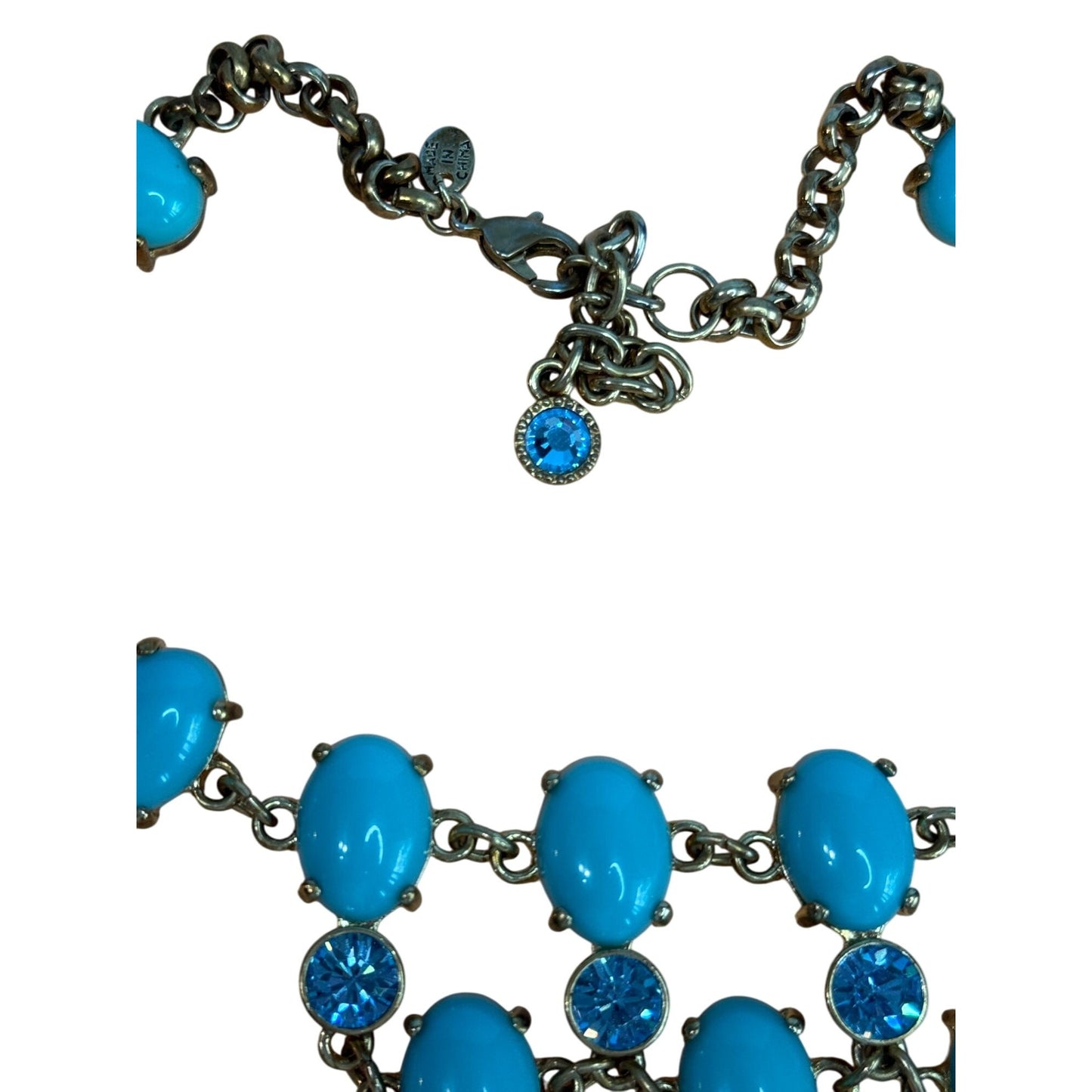 Suzanne Somers Glass Cabochon Bib Necklace Turquoise Blue Rhinestone Adjustable