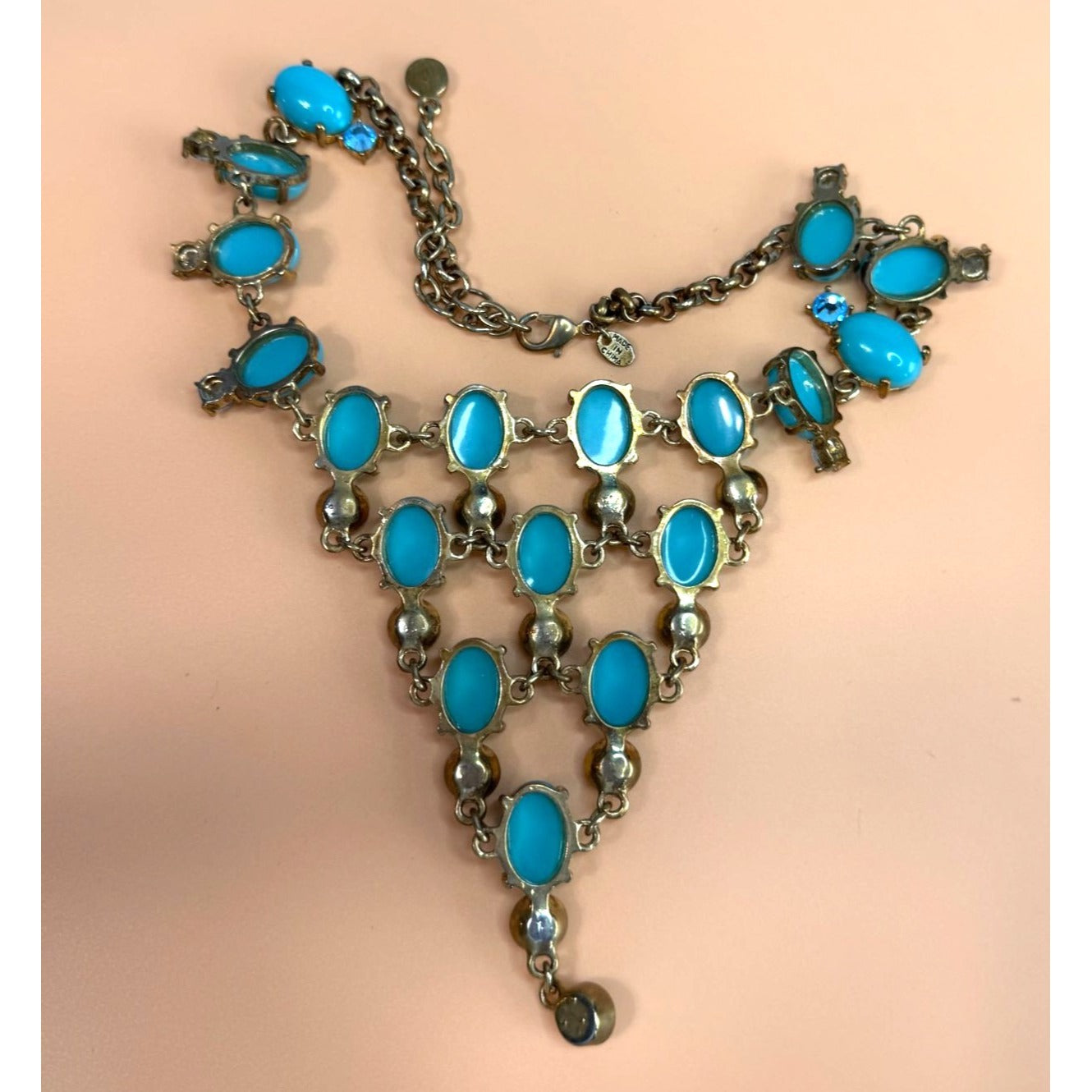 Suzanne Somers Glass Cabochon Bib Necklace Turquoise Blue Rhinestone Adjustable