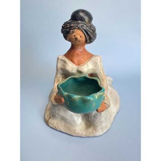 Vintage Poppet By Poppytrail Pamela Stoneware Figurine 7.5" with Turquoise Bowl
