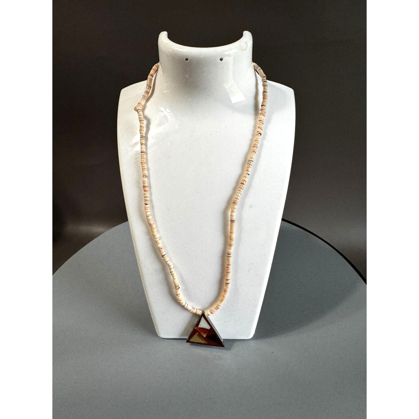 Vintage Shell Heishi Necklace Triangle Inlay Pendant 17 Inch Natural Materials