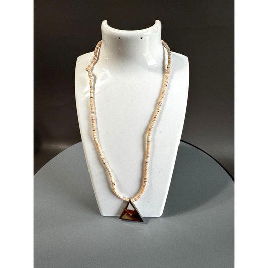Vintage Shell Heishi Necklace Triangle Inlay Pendant 17 Inch Natural Materials