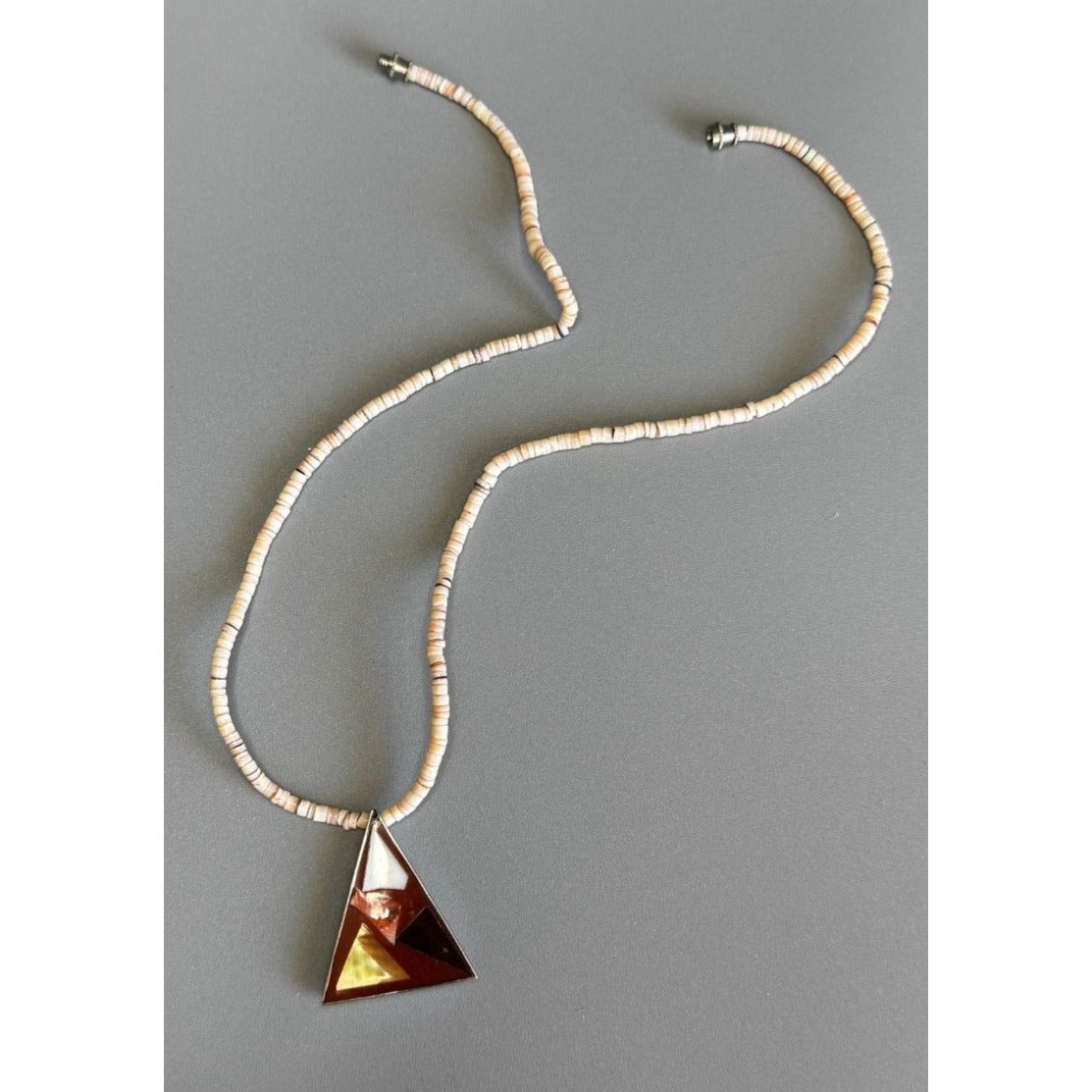 Vintage Shell Heishi Necklace Triangle Inlay Pendant 17 Inch Natural Materials