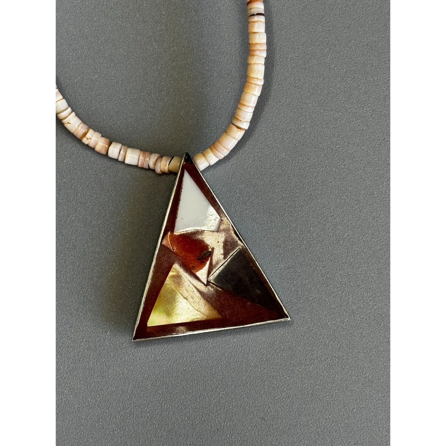 Vintage Shell Heishi Necklace Triangle Inlay Pendant 17 Inch Natural Materials