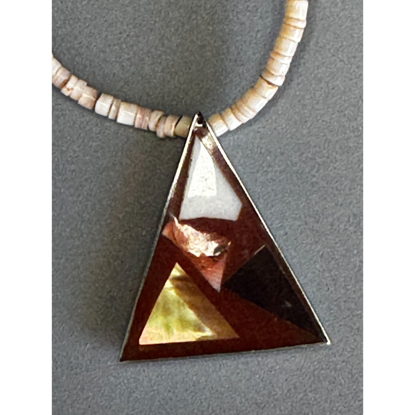 Vintage Shell Heishi Necklace Triangle Inlay Pendant 17 Inch Natural Materials