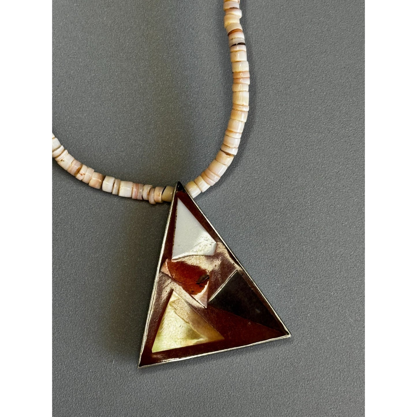Vintage Shell Heishi Necklace Triangle Inlay Pendant 17 Inch Natural Materials