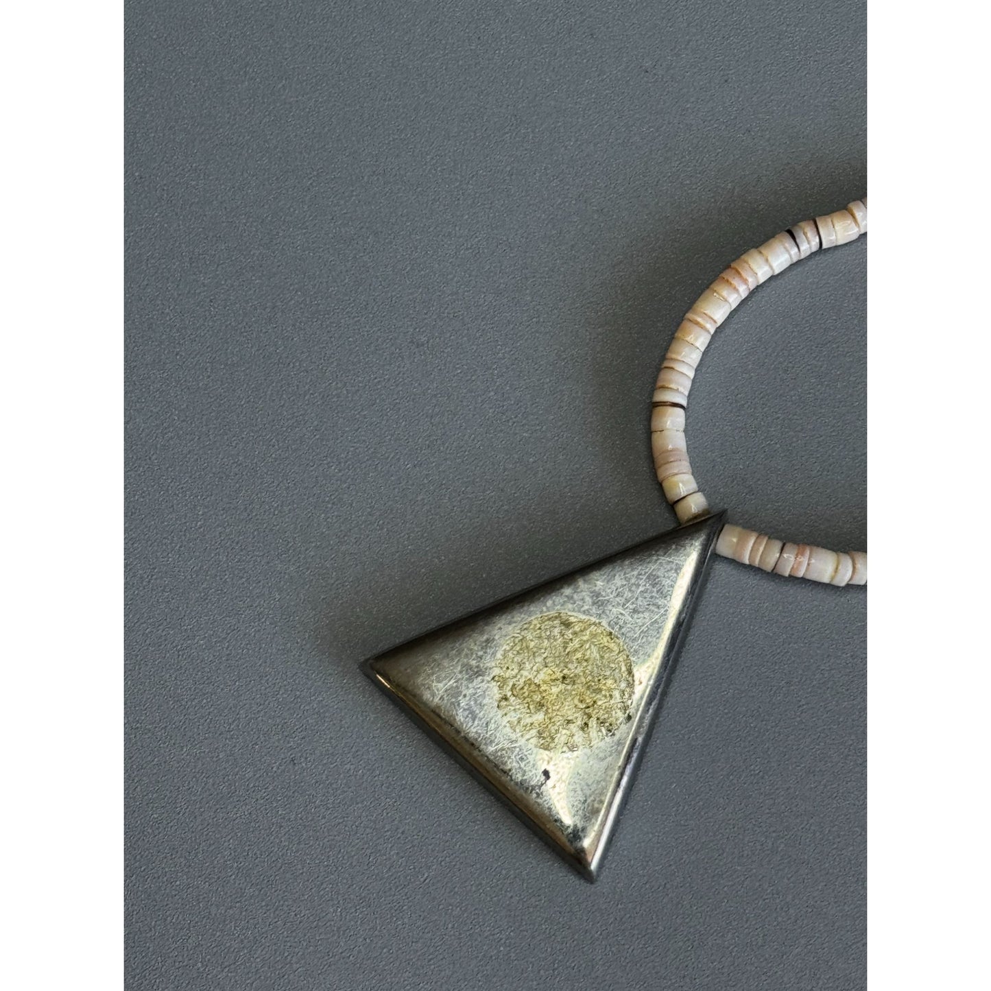 Vintage Shell Heishi Necklace Triangle Inlay Pendant 17 Inch Natural Materials