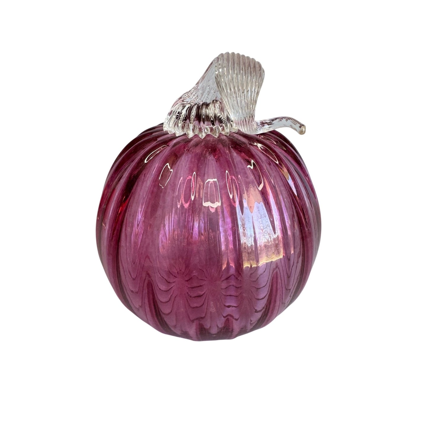 New York Hand Blown Glass Pumpkin Pink Ribbed Clear Stem
