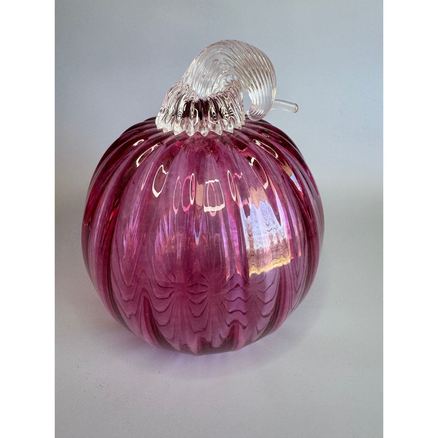 New York Hand Blown Glass Pumpkin Pink Ribbed Clear Stem