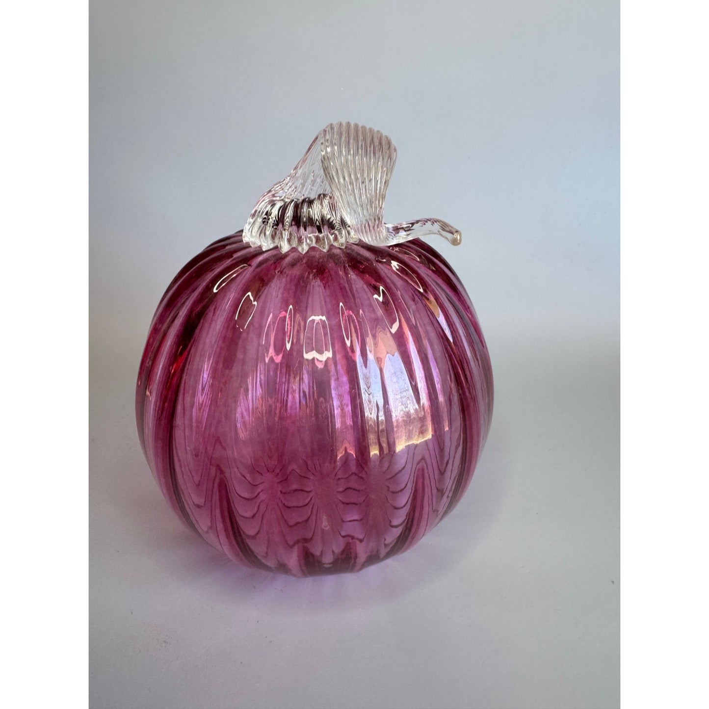 New York Hand Blown Glass Pumpkin Pink Ribbed Clear Stem