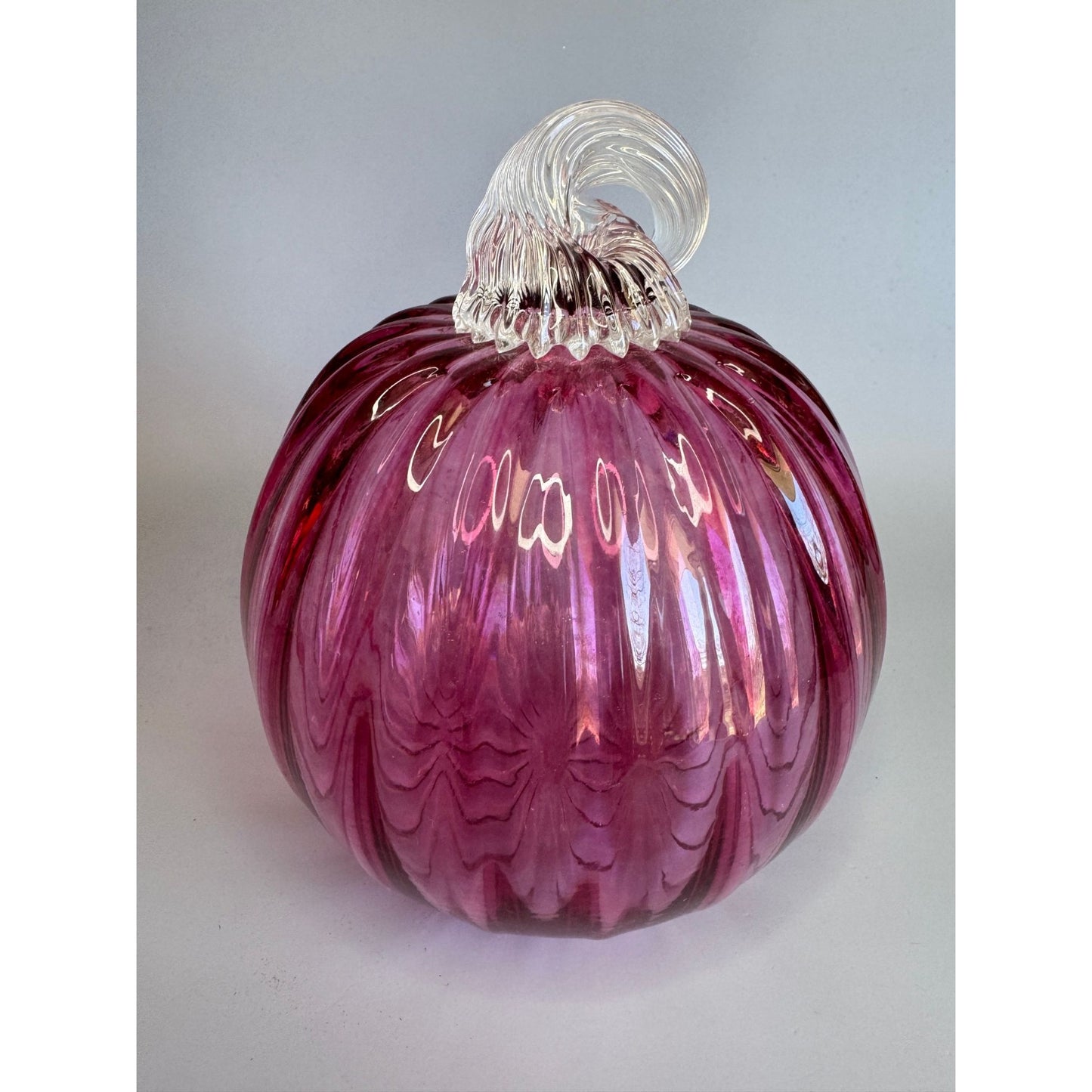 New York Hand Blown Glass Pumpkin Pink Ribbed Clear Stem