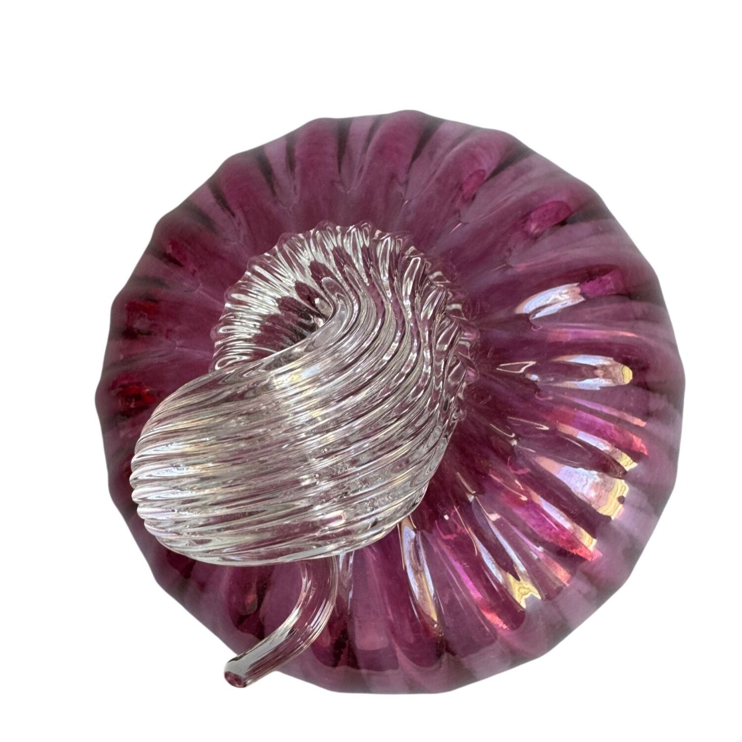 New York Hand Blown Glass Pumpkin Pink Ribbed Clear Stem